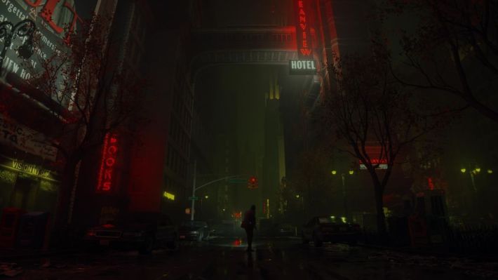 A screenshot from Alan Wake II where Alan is trapped in the Dark Place version of New York