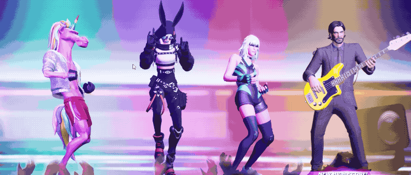 A gif of Alan Wake as a Fortnite character, holding a base guitar and standing still. Next to him, a neon unicorn, a person dressed as a rabbit, and a woman in a leotard celebrate.