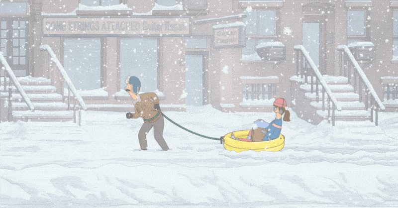 A gif from the cartoon "Bob's Burgers:" Bob pulls Gayle through a snowstorm. Gayle is riding in a yellow kiddie pool attached to Bob's waist by a green hose.