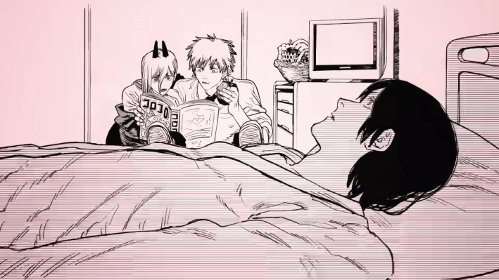Chainsaw Man's Denji and Power reading a manga while Aki rests in bed. 