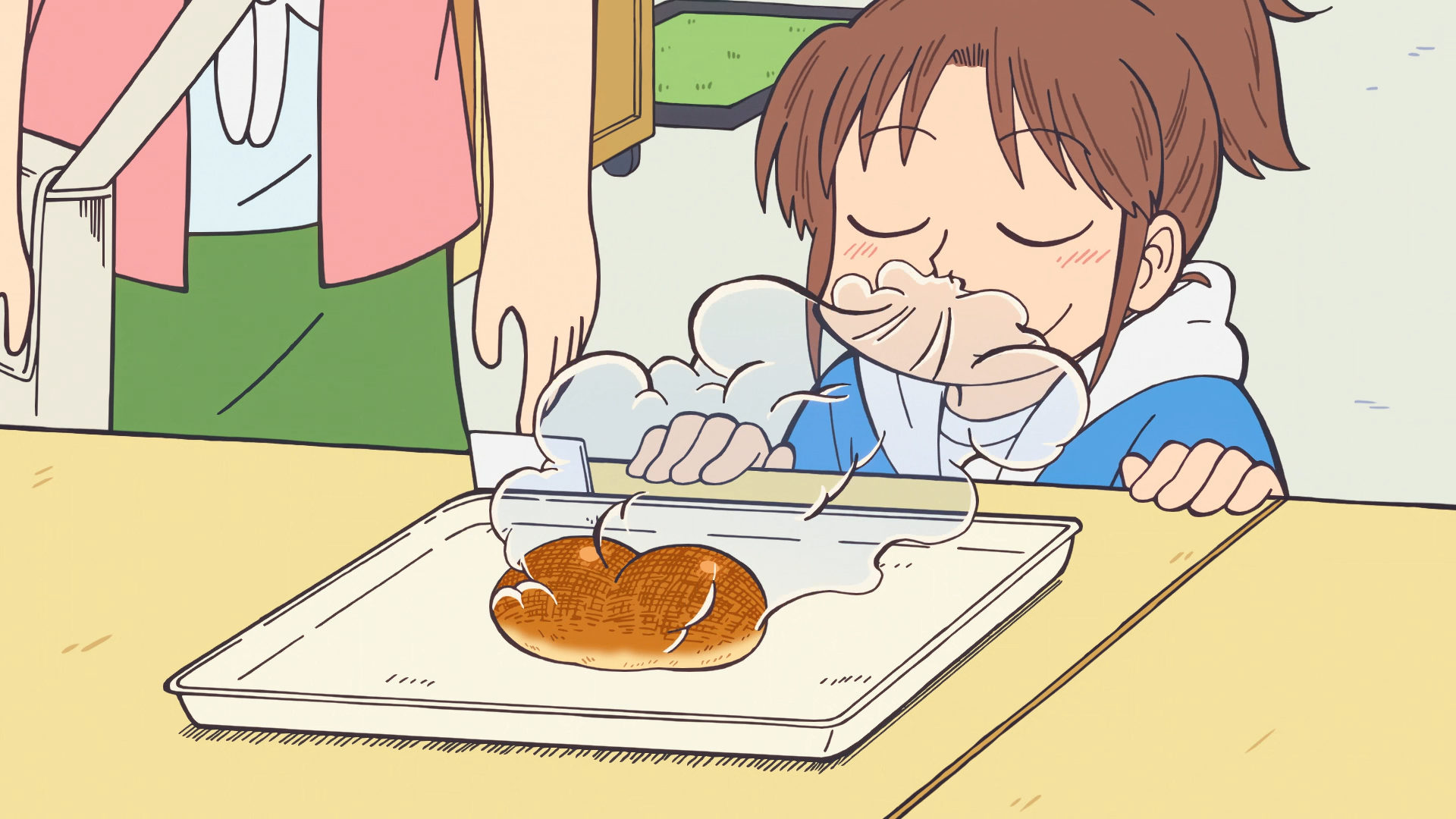 A still from City The Animation where Midori Nagumo inhales the steam from a warm piece of bread.