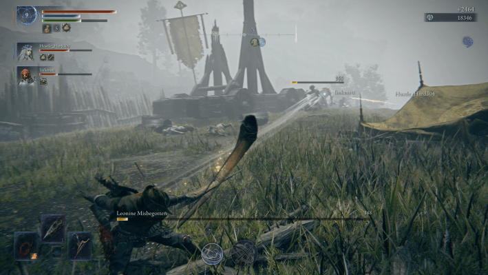 Ironeye, the best character, finishing off characters in a camp in a screenshot from Elden Ring Nightreign.