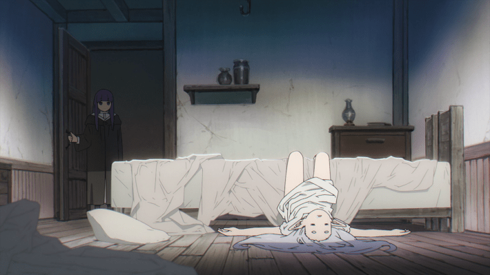 Fern watching Frieren sleep off her bed in Frieren: Beyond Journey's End