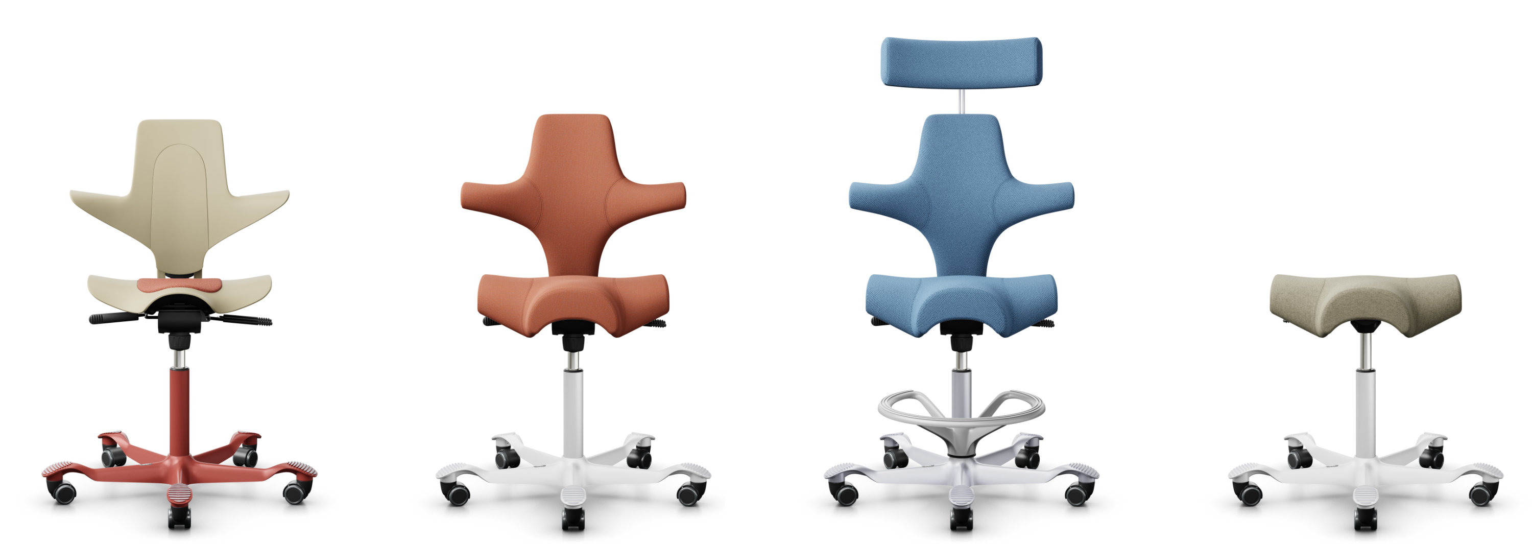 The HÅG Capisco in various forms: the plastic-backed Puls, the fabric one, a variant with a headrest and foot ring, and converted to a saddle stool.