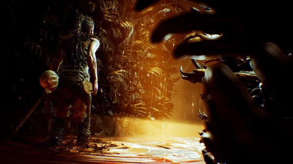 Hellblade Senua's Sacrifice screenshot of Senua walking through a nightmarish hallway with bodies sewn into its walls.