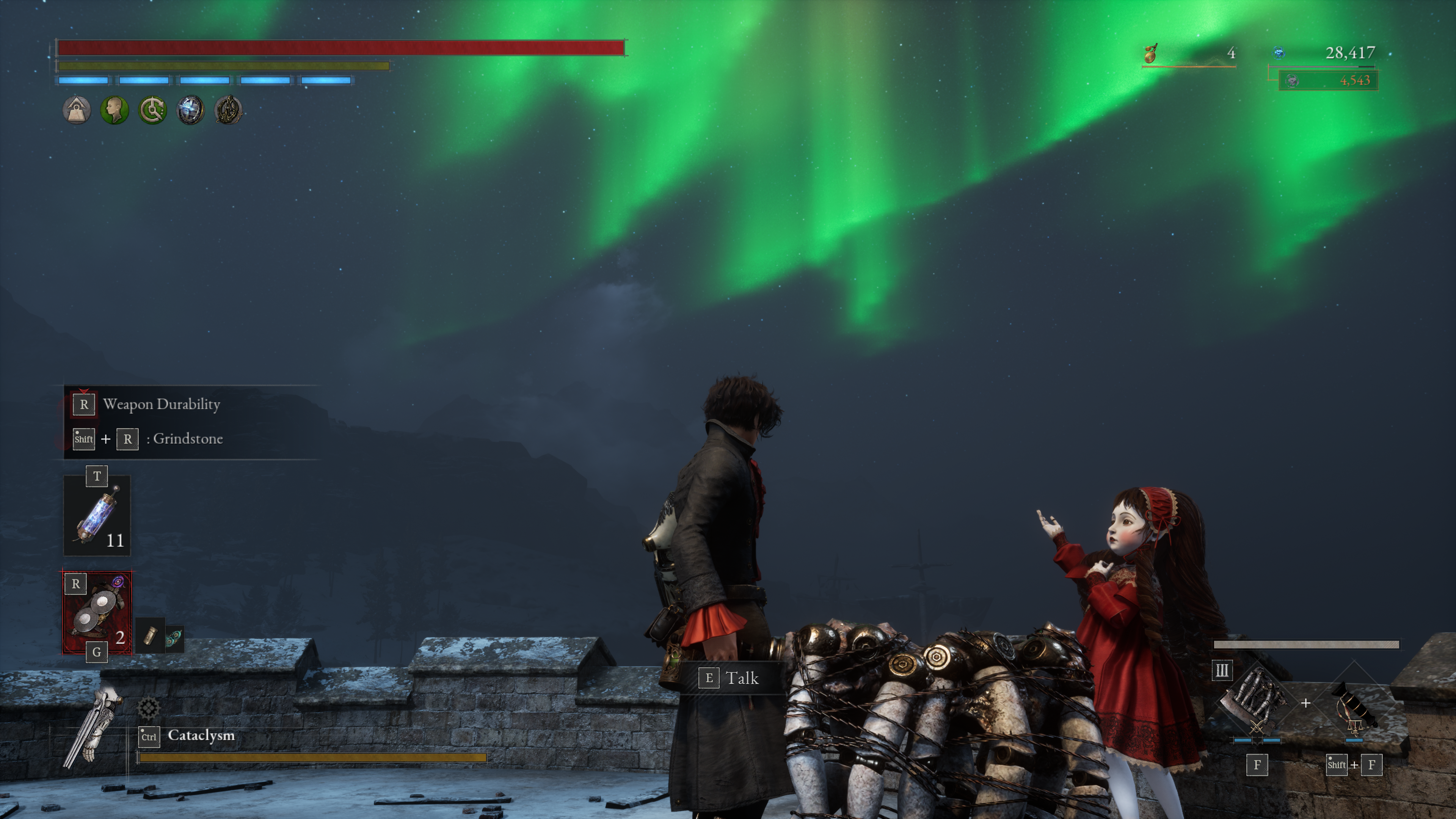 An aurora in the sky and a small puppet in red pointing upwards.