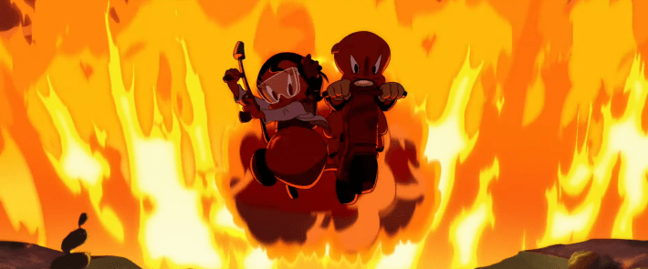 Porky and Petunia Pig on a motorcycle, surrounded by flames, from The Day The Earth Blew Up