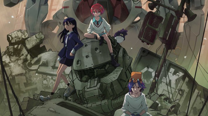 Three kids pose on top of a pile of mech rubble.