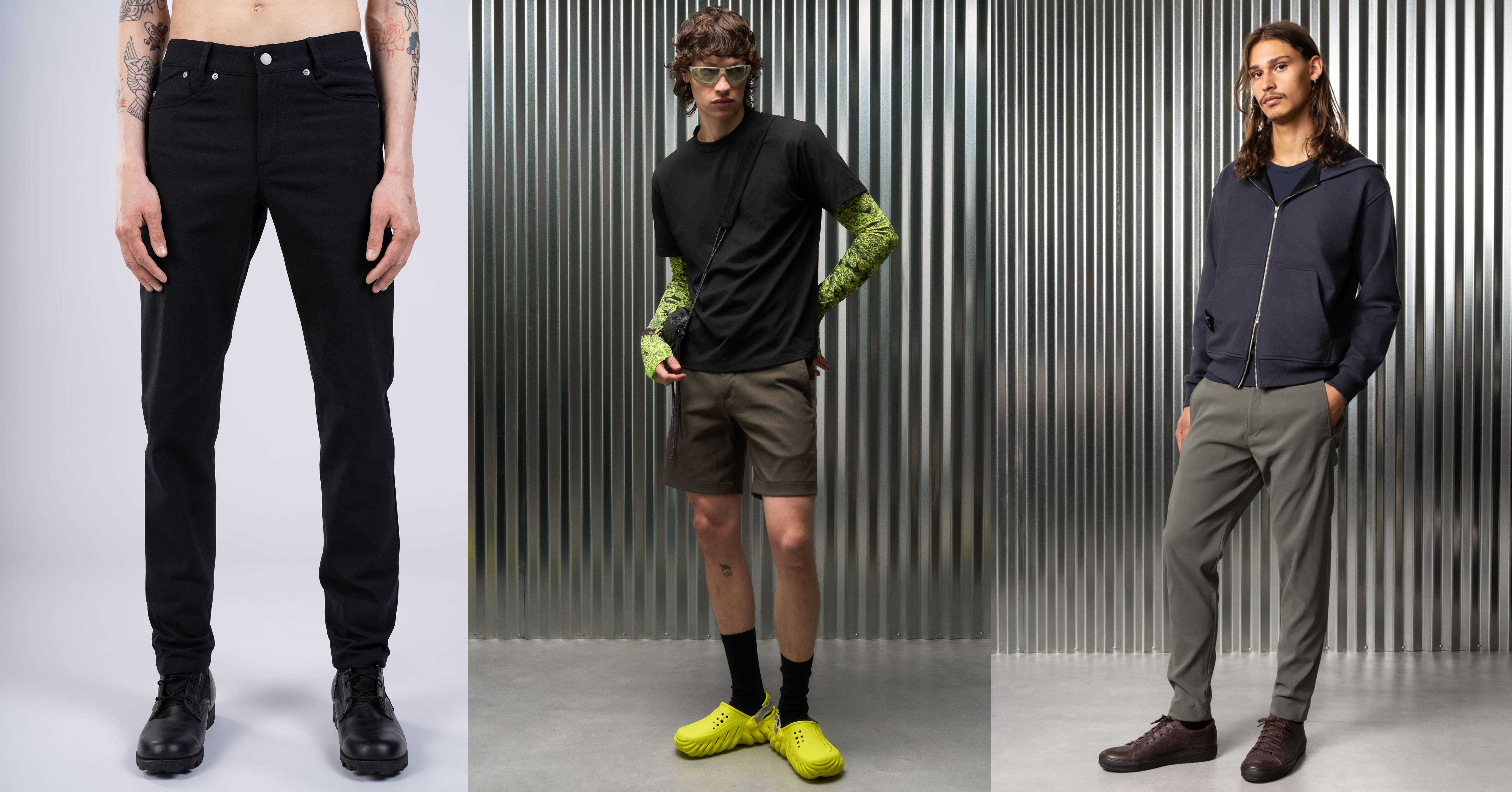 Several different male models wearing different pants.