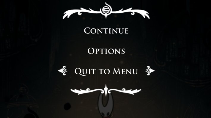 The pause menu for Silksong. It has continue, options, and quit to menu, which is selected.