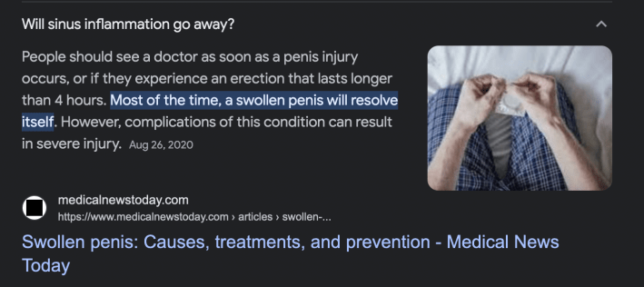 A screenshot of a google search for "sinus inflammation" that instead served information about penis inflammation