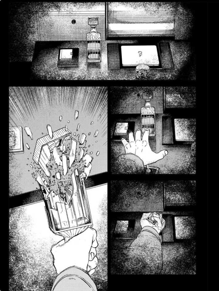 No\Name point of view manga panels of a person breaking a glass of liquor against a wall.
