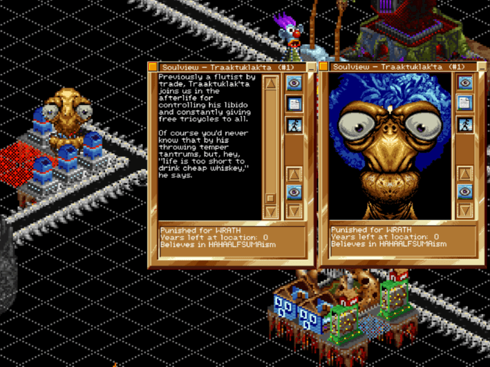 An overview of the SOUL View. It reads "previously a flutist by trade, Traaktuklak'ta joins us in the afterlife for controlling his libido and constantly giving free tricycles to all.
<p>Of course you'd never know that by his throwing temper tantrums, but, hey "life is too short to drink cheap whiskey," he says." class="wp-image-1385"><figcaption class=