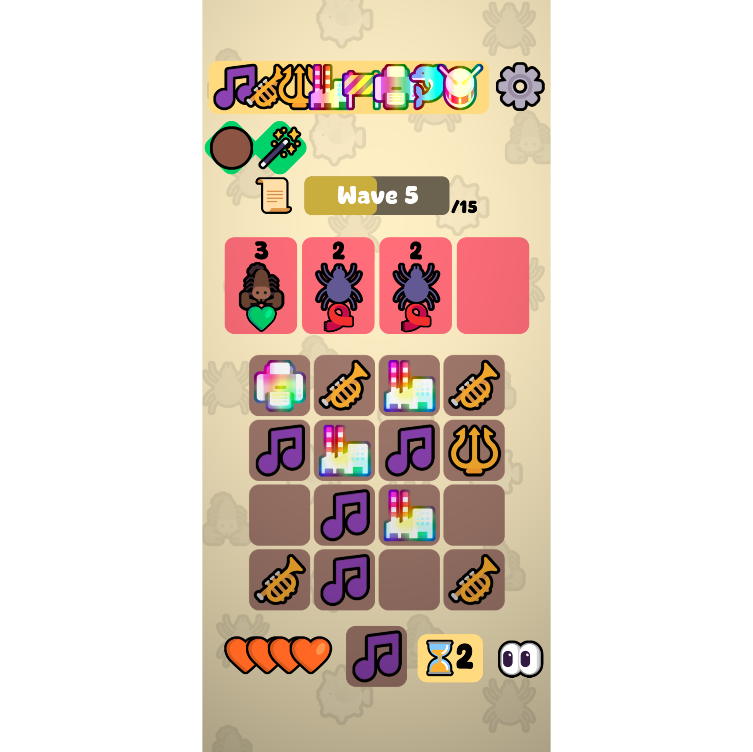 A screenshot from Merge Maestro. Trumpets, musical notes, factories, tridents and a printer are facing off against enemies.