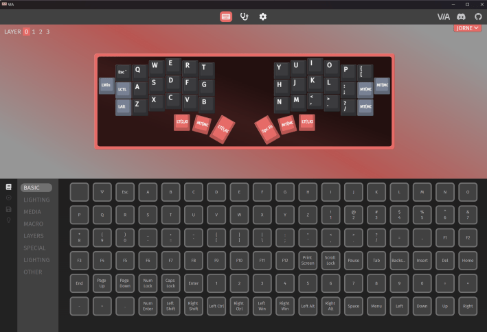 The Interface for the QMK-based mapping software VIA.