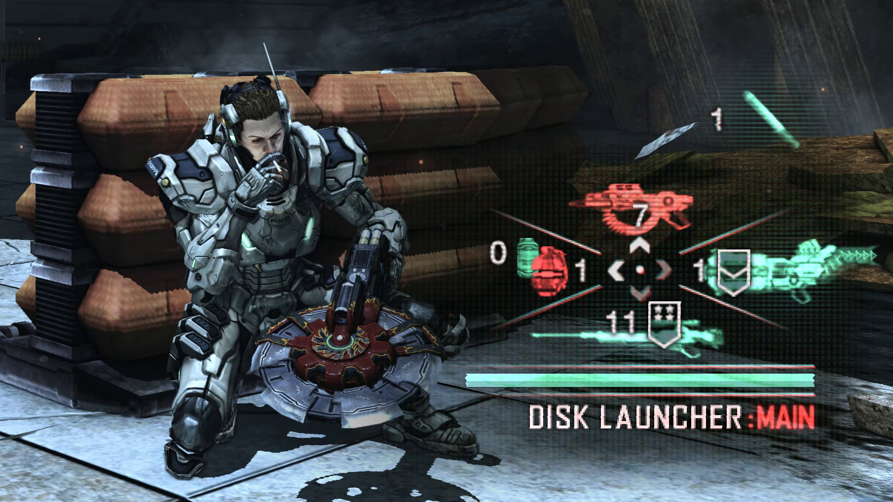 Sam Gideon is crouched behind cover, smoking a cig. He has a disk launcher equipped and had one cigarette left.