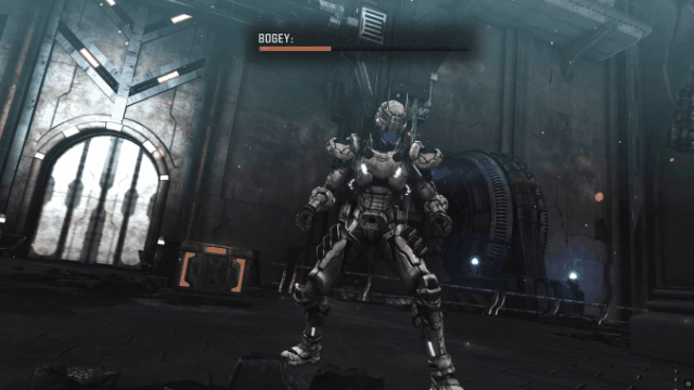 A GIF of Sam Gideon charging up a punch and punching Bogey in the stomach, who goes flying.