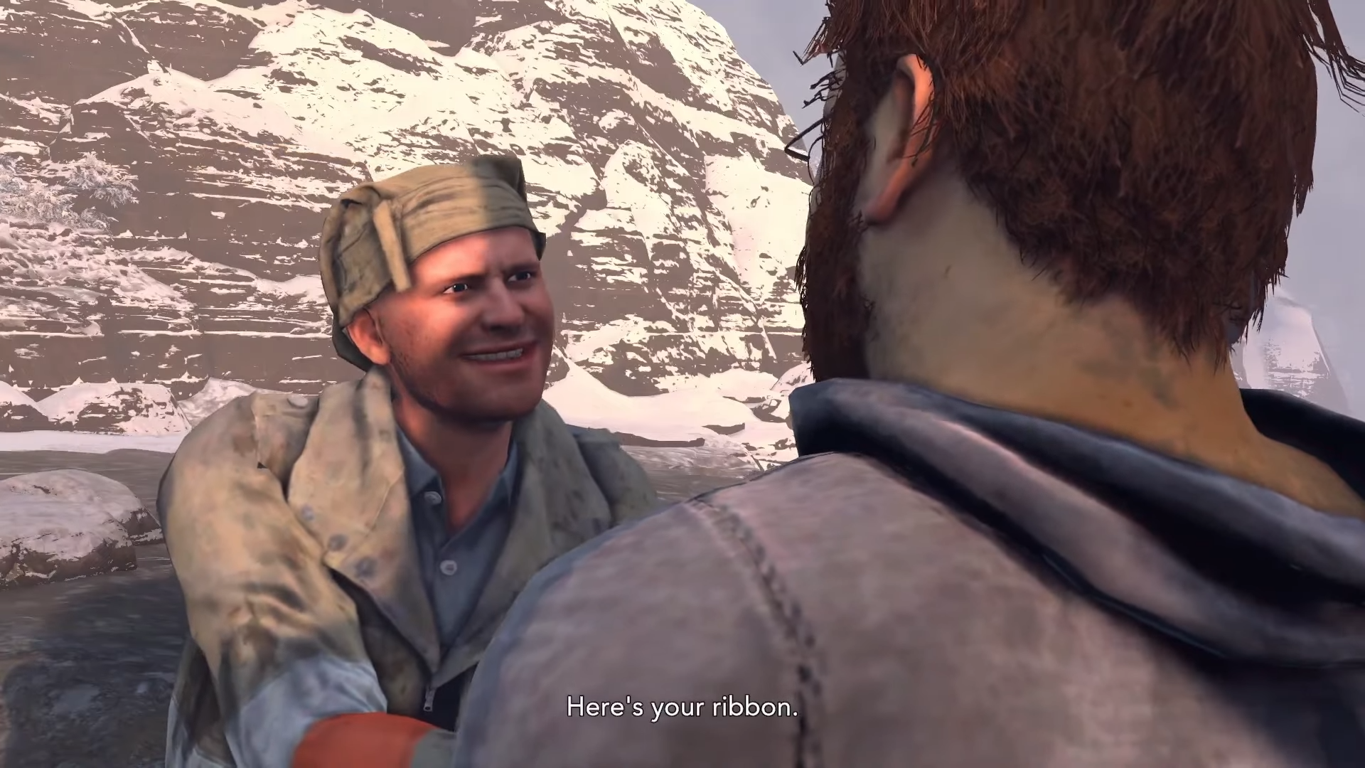 Jim giving Nathan a ribbon saying "Here's your ribbon" for going up the stairs.