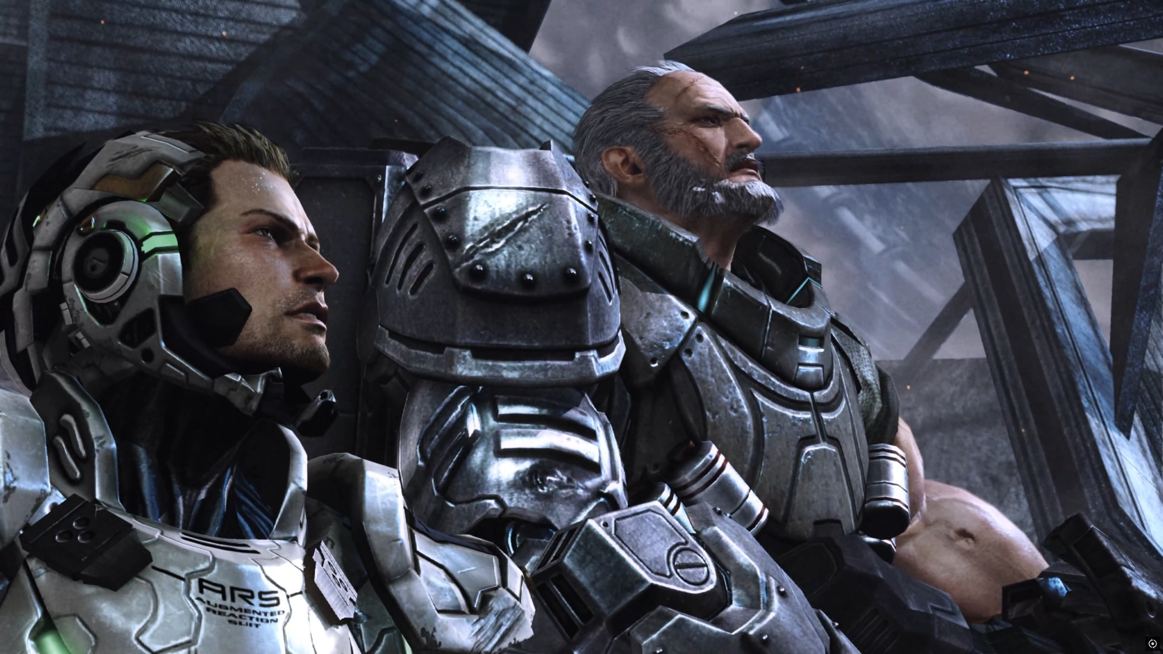 Sam Gideon and Lt. Col. Robert Burns looking in profile, they have metal armor.