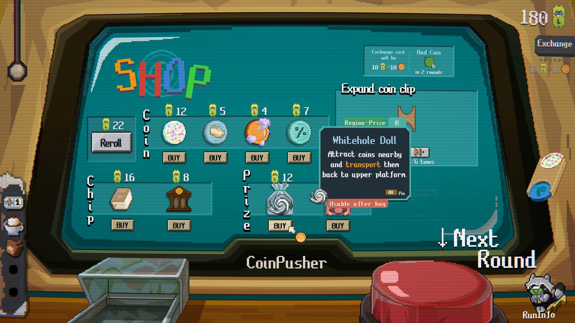 The shop screen in Raccoin, where players can buy different coins and modifiers.