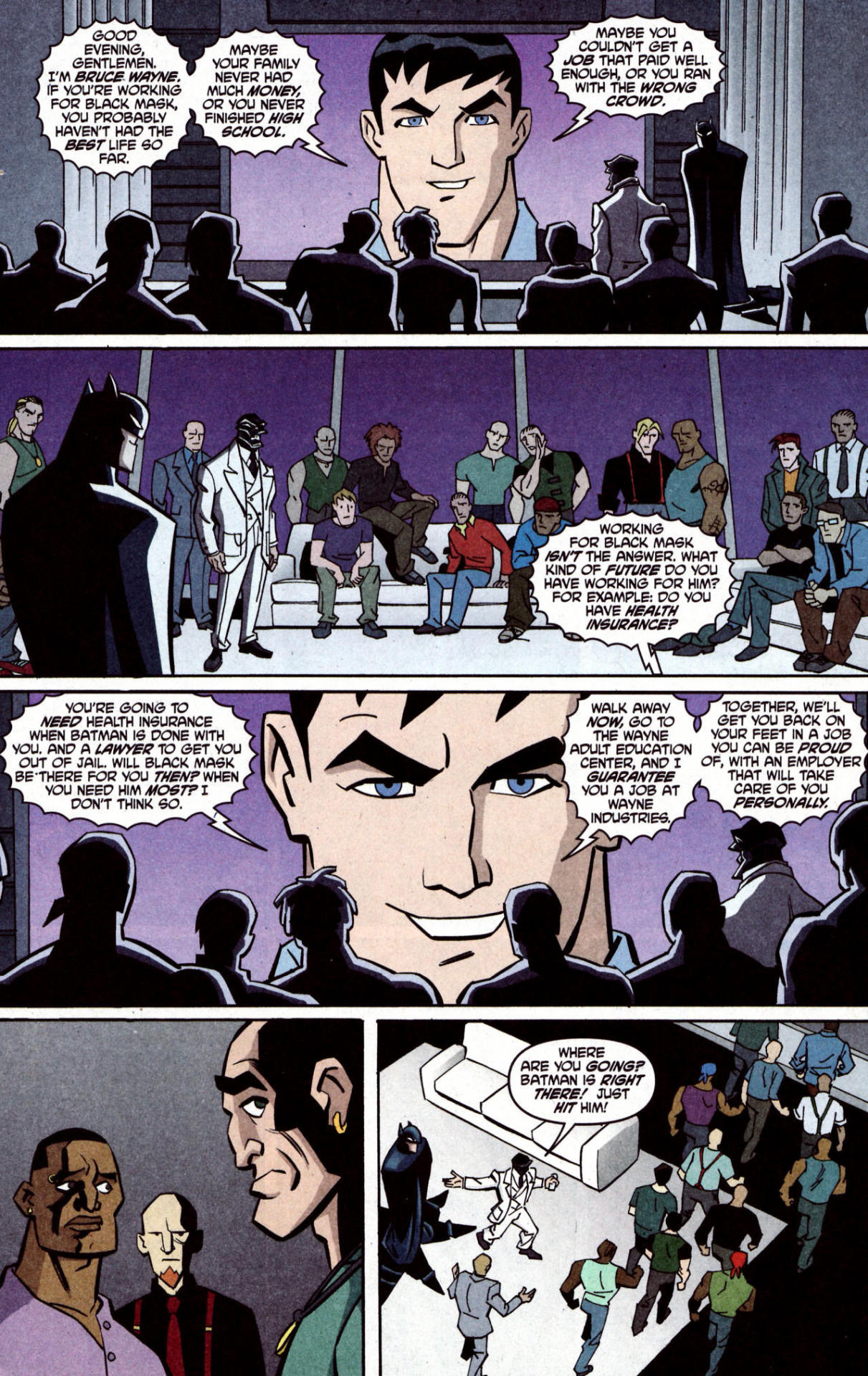 Bruce Wayne talking to Black Mask's goons from a TV convincing them to work for him instead.