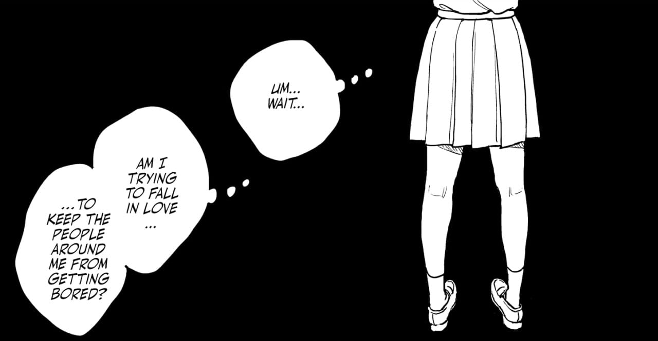 Saeko wondering if she's only falling for people to keep her friends from being bored. 