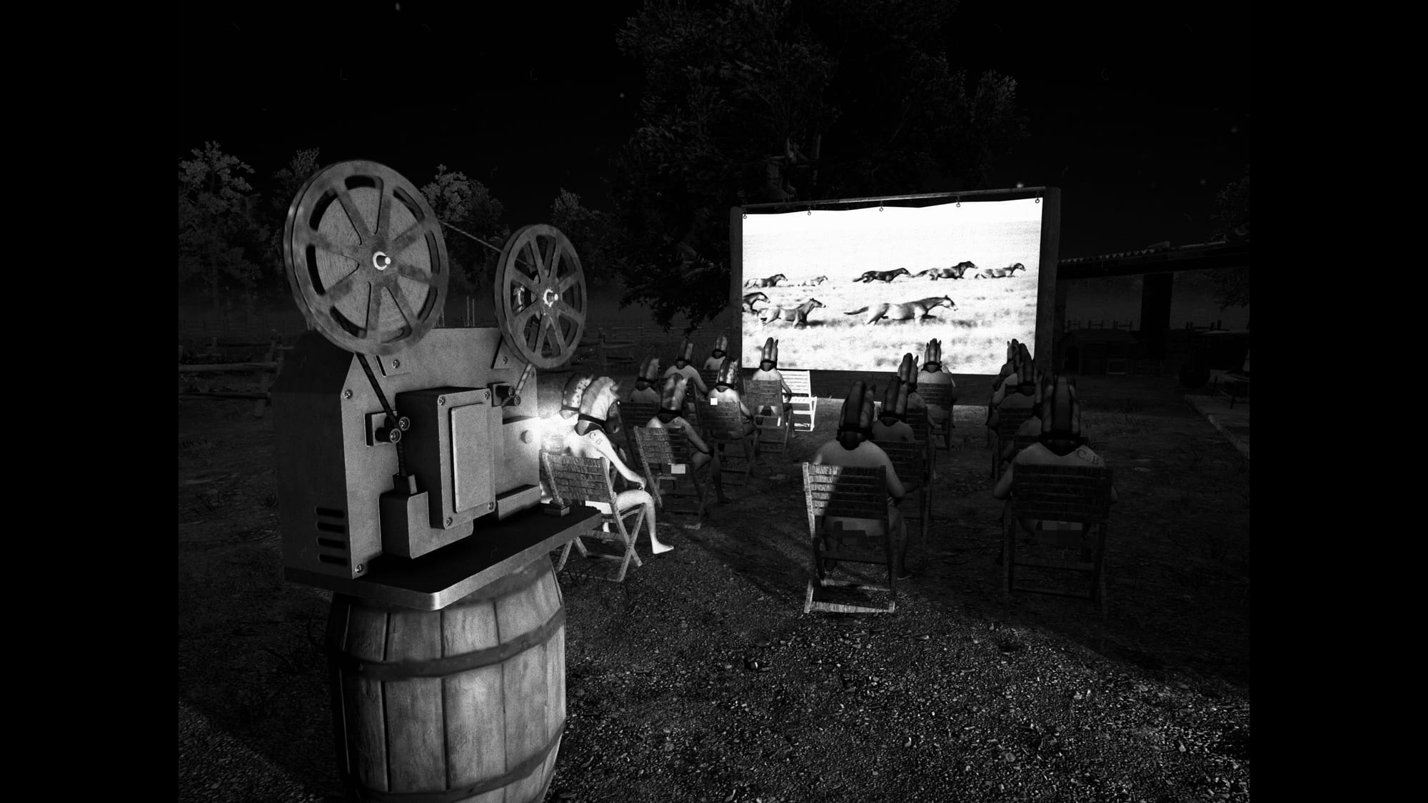 A bunch of horse people watch a movie about horses in 4:3 black and white. They are sitting outside in folding chairs.