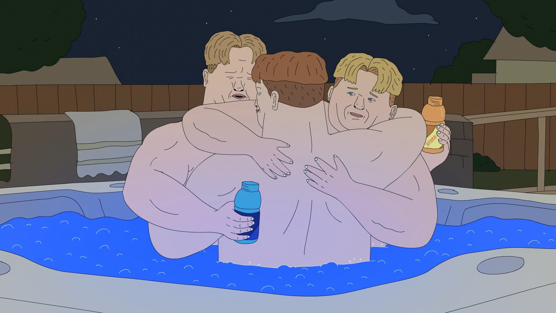 The three sons embrace in a hot tub while drinking hydration drinks, in what is clearly one of the best nights of their lives.
