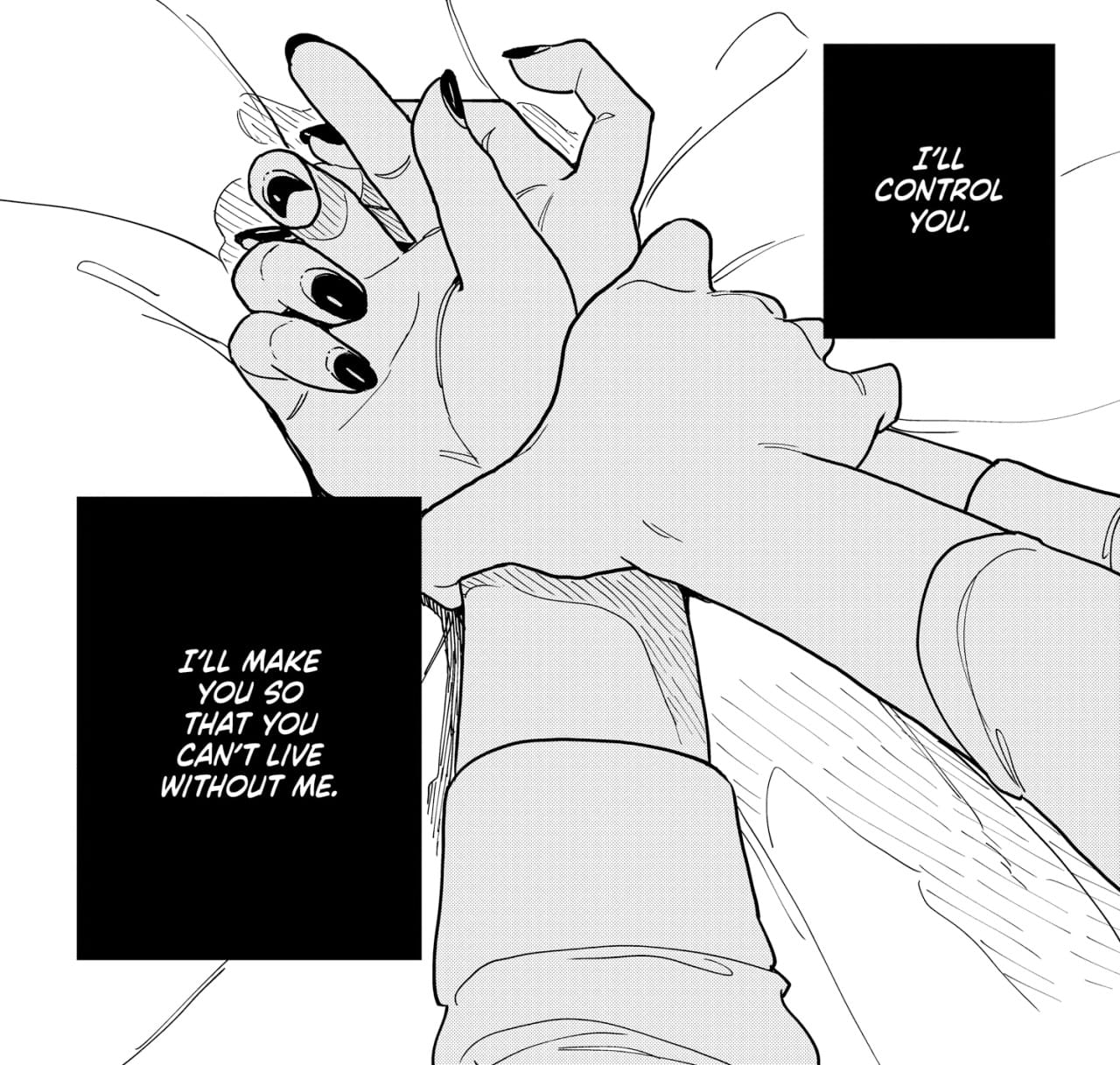 Saeko pinning Miwa's hands down to the bed. 