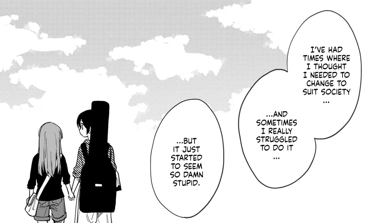 Miwa and Saeko walking while holding hands.