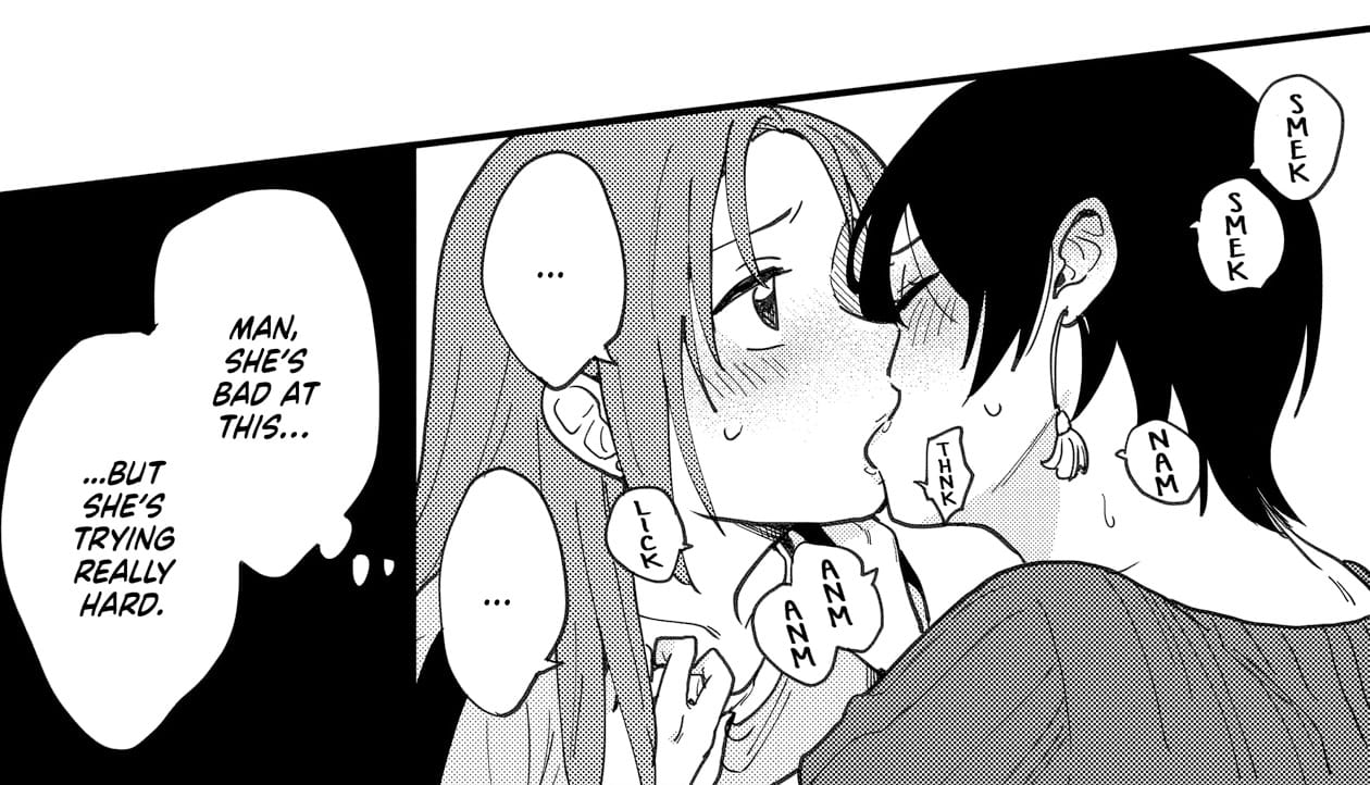 Saeko thinking about how bad her relationship with Miwa is while she's kissing her.