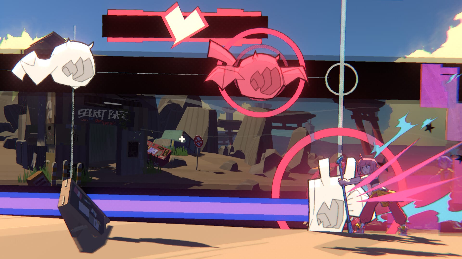 A woman with pink hair fights monsters that look like round bats. 