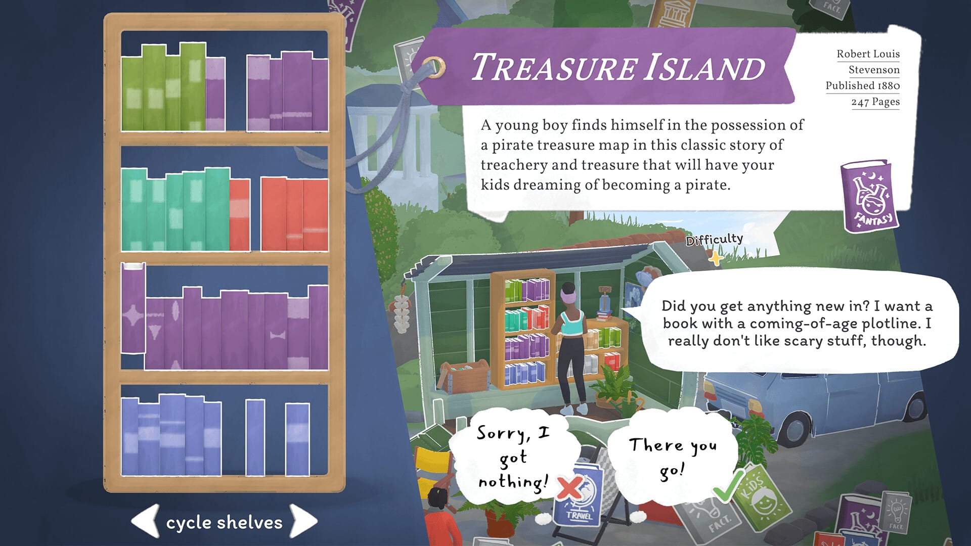 A screenshot from Tiny Bookshop, showing the book Treasure Island