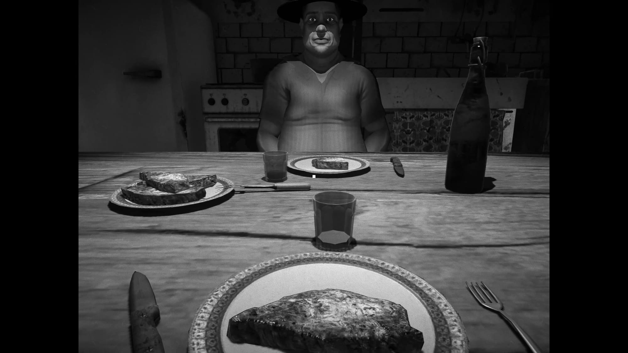 A first person shot where you are eating steak and the weird farmer friend you are staying with is looking at you. It is in black and white, 4:3 aspect ratio.