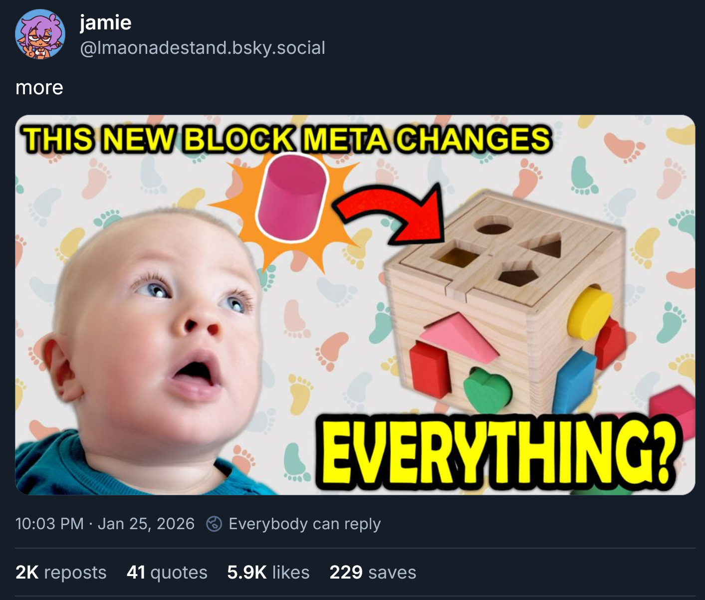 Another fake youtube thumbnail form @lmaonadestand.bsky.social. A baby looks at one of those block boxes. A cylinder points into the box. Text says THIS NEW BLOCK META CHANGES EVERYTHING?