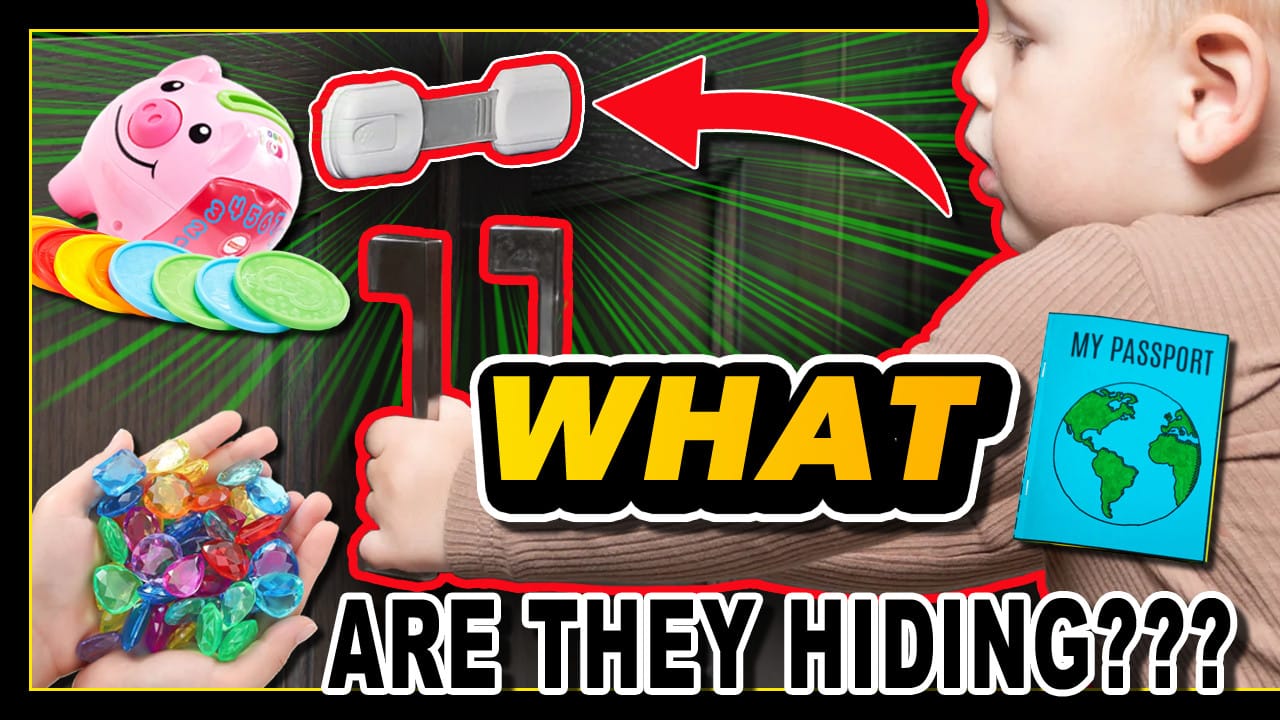 A baby attempts to break into a cabinet but there is a baby lock. "What are they hiding???" the text says. Potential items are toy coins and a piggy bank, a handful of plastic jewels and a passport that says "my passport".