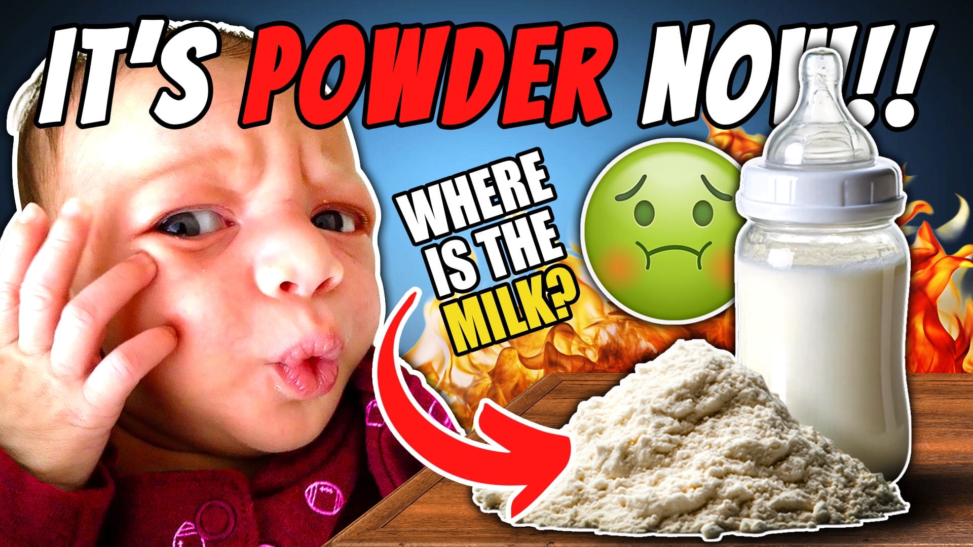 A baby's mind being blown.. It says "It's Powder Now!!! Where is the milk?" and an arrow points to formula. There is a sick face about to barf emoji next to a baby bottle.