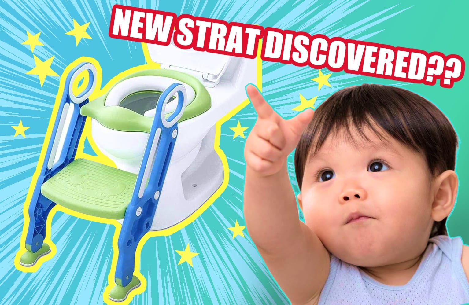 A toddler points at a training potty, the text says "NEW STRAT DISCOVERED??"