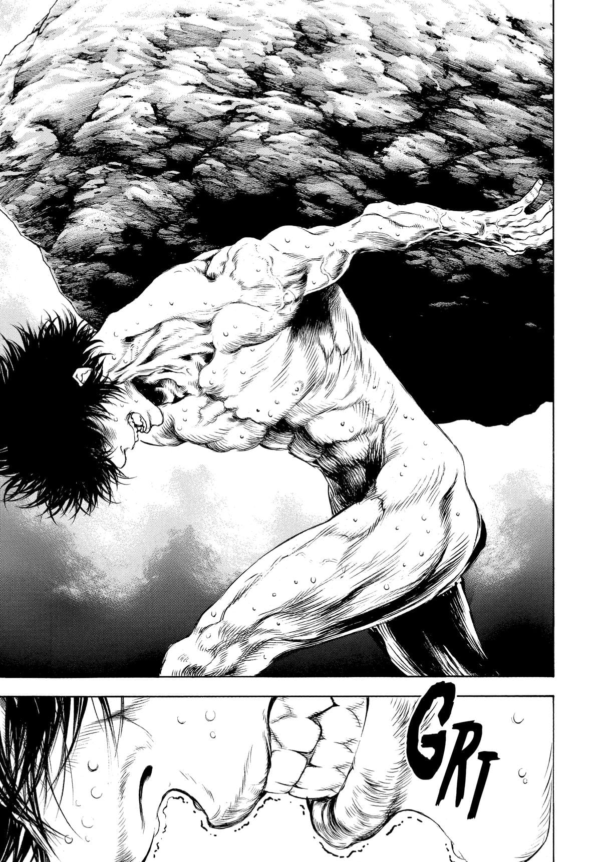 The Climber manga panel of Mori carrying a boulder on his back.