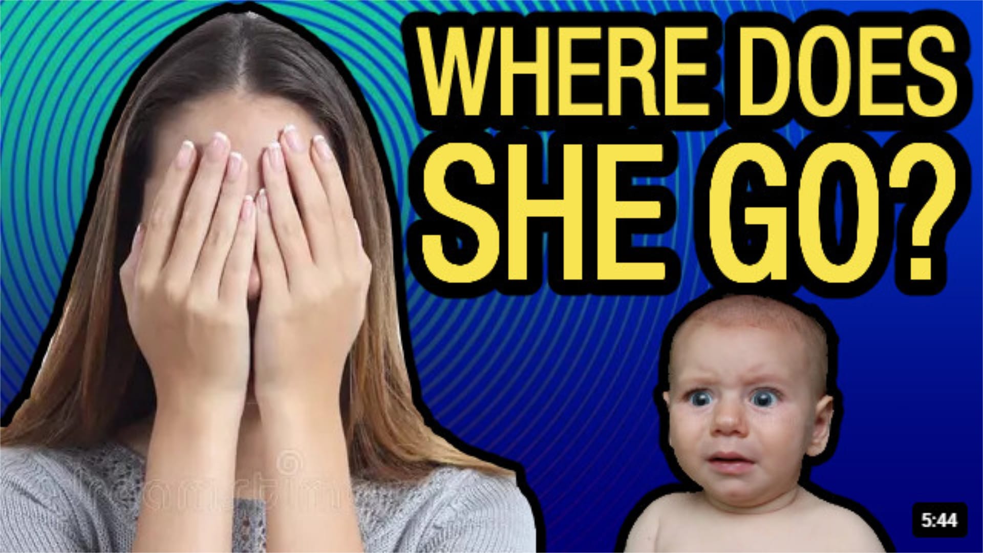 A concerned baby looks at a watermarked woman covering her eyes. The meme says "WHERE DOES SHE GO?"