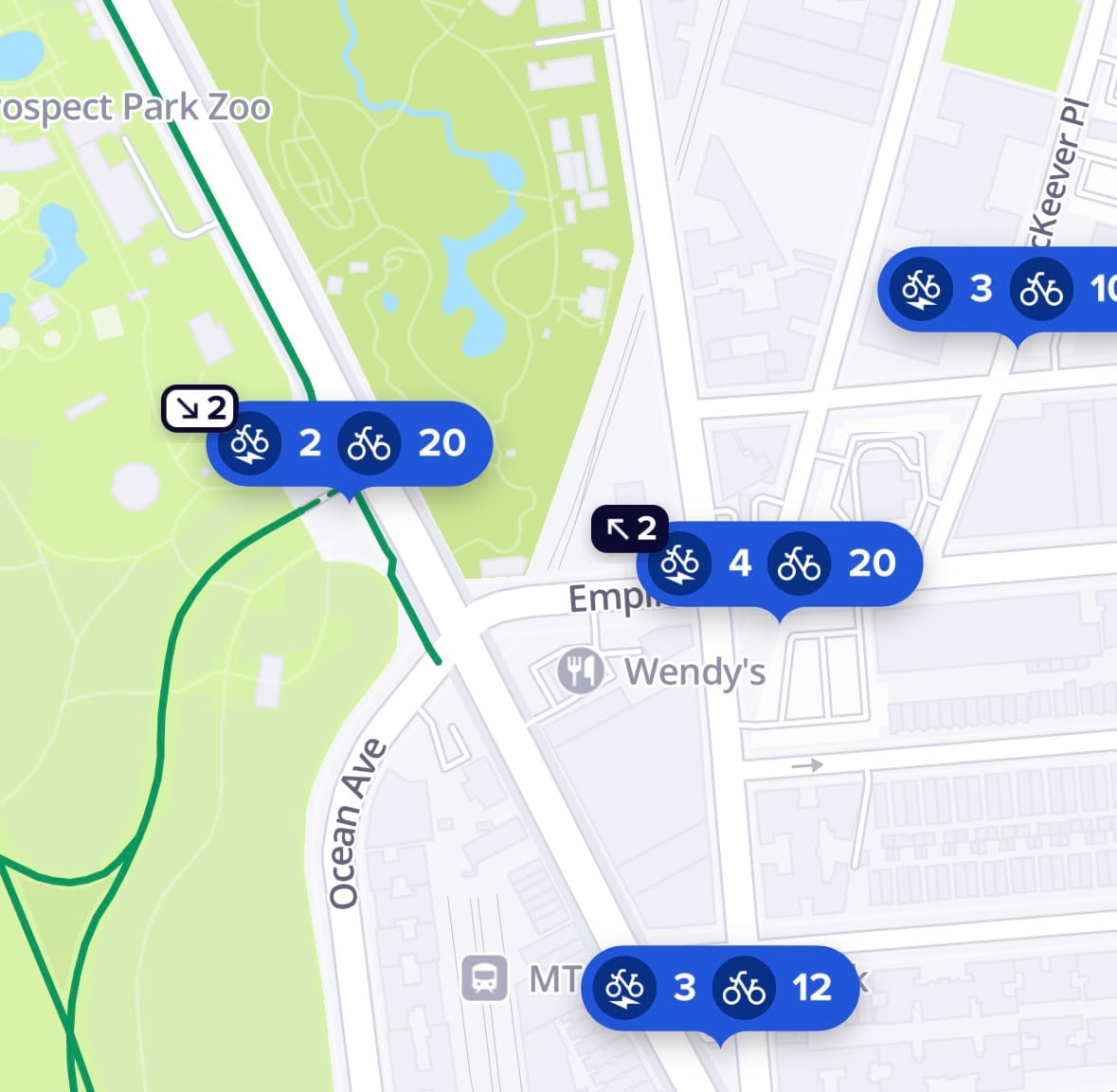 A screenshot of the Citi Bike UI showing the area around Prospect Park near the zoo, with a few docks showing high and low point values.