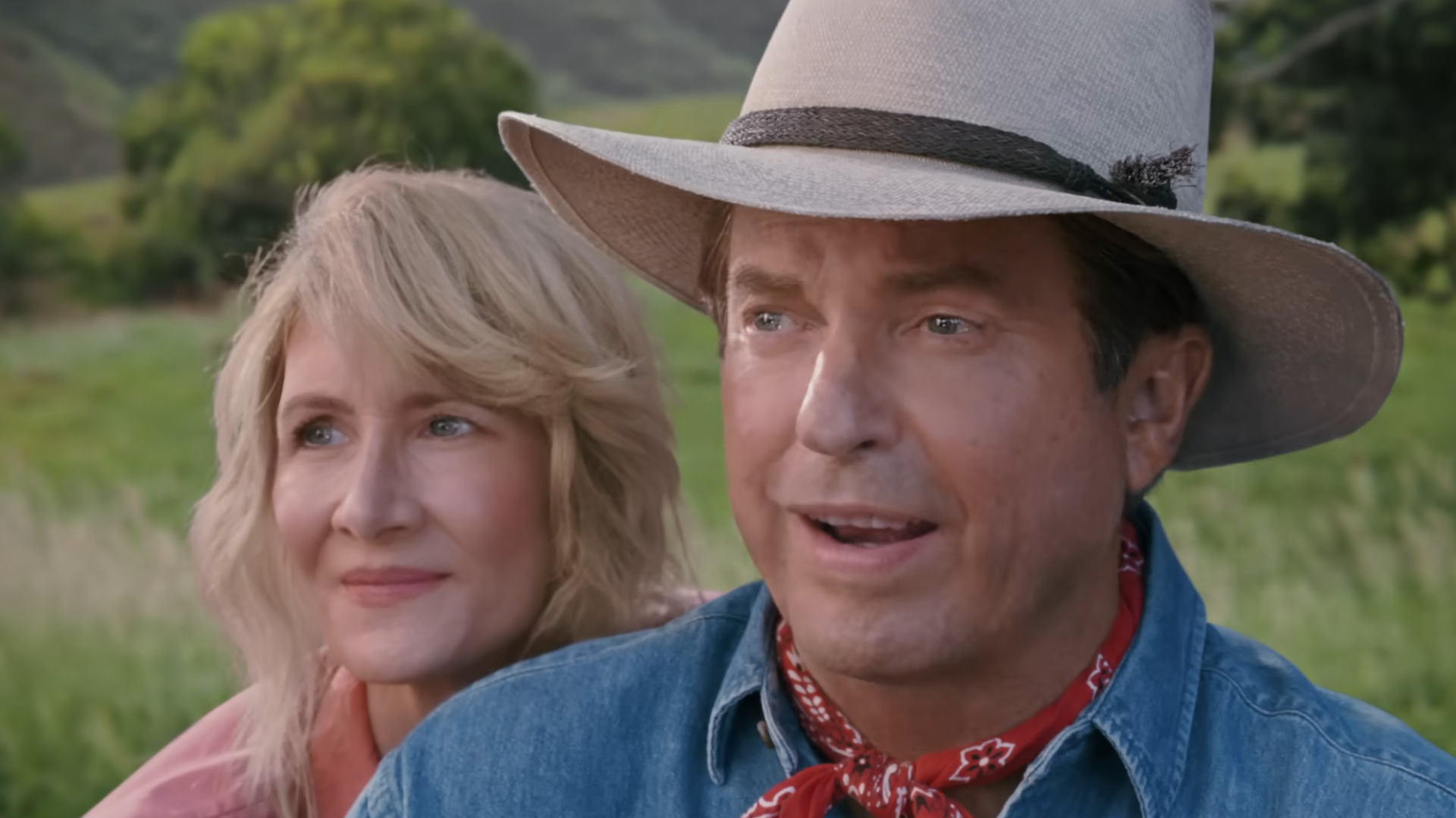  Laura Dern and Sam Neill looking way too smooth with digitally deaged faces.