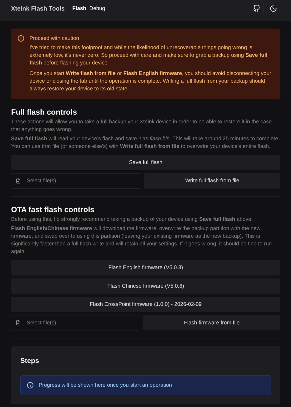 A splash page for the UI flasher, showing the steps to fully flash CrossPoint on the device.