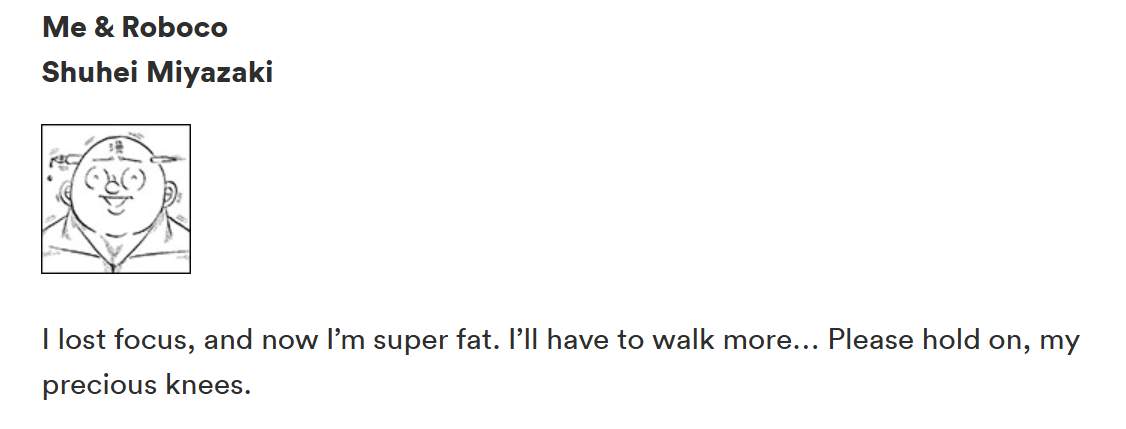 Me & Roboco mangaka writing about their prescious knees and their need to go on more walks.
