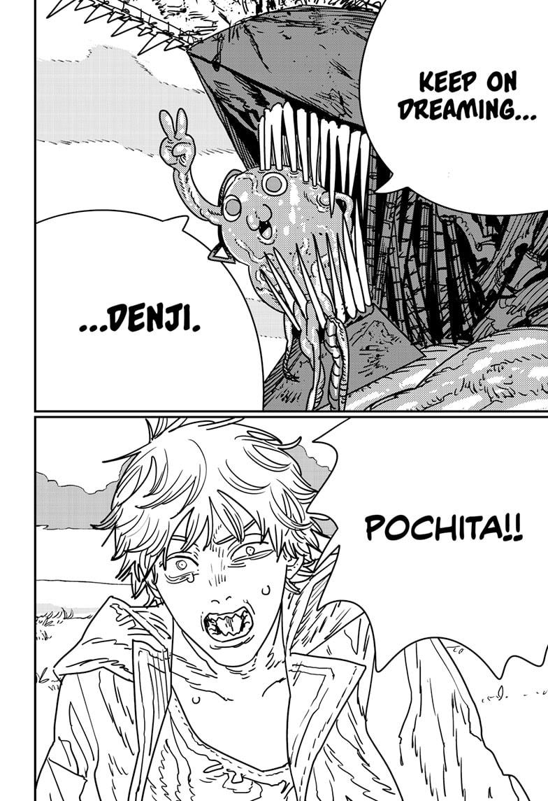 Pochita telling Denji to keep on dreaming. 
