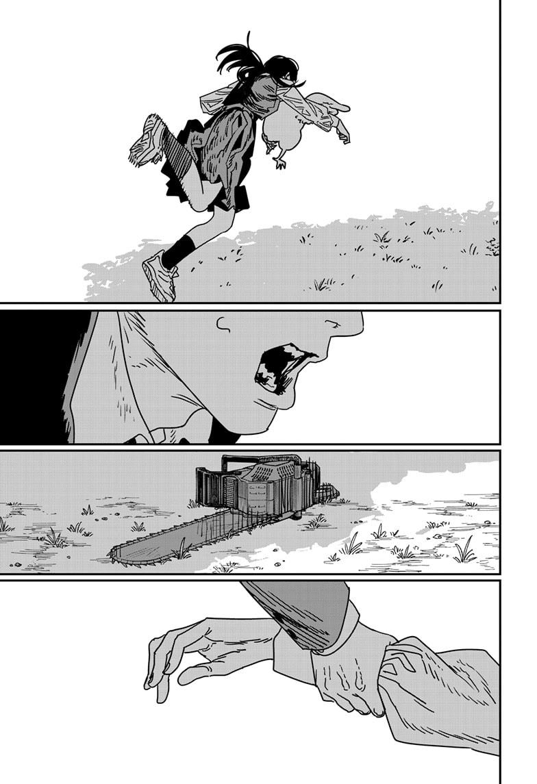 Denji running toward Asa, leaving his chainsaw behind. 