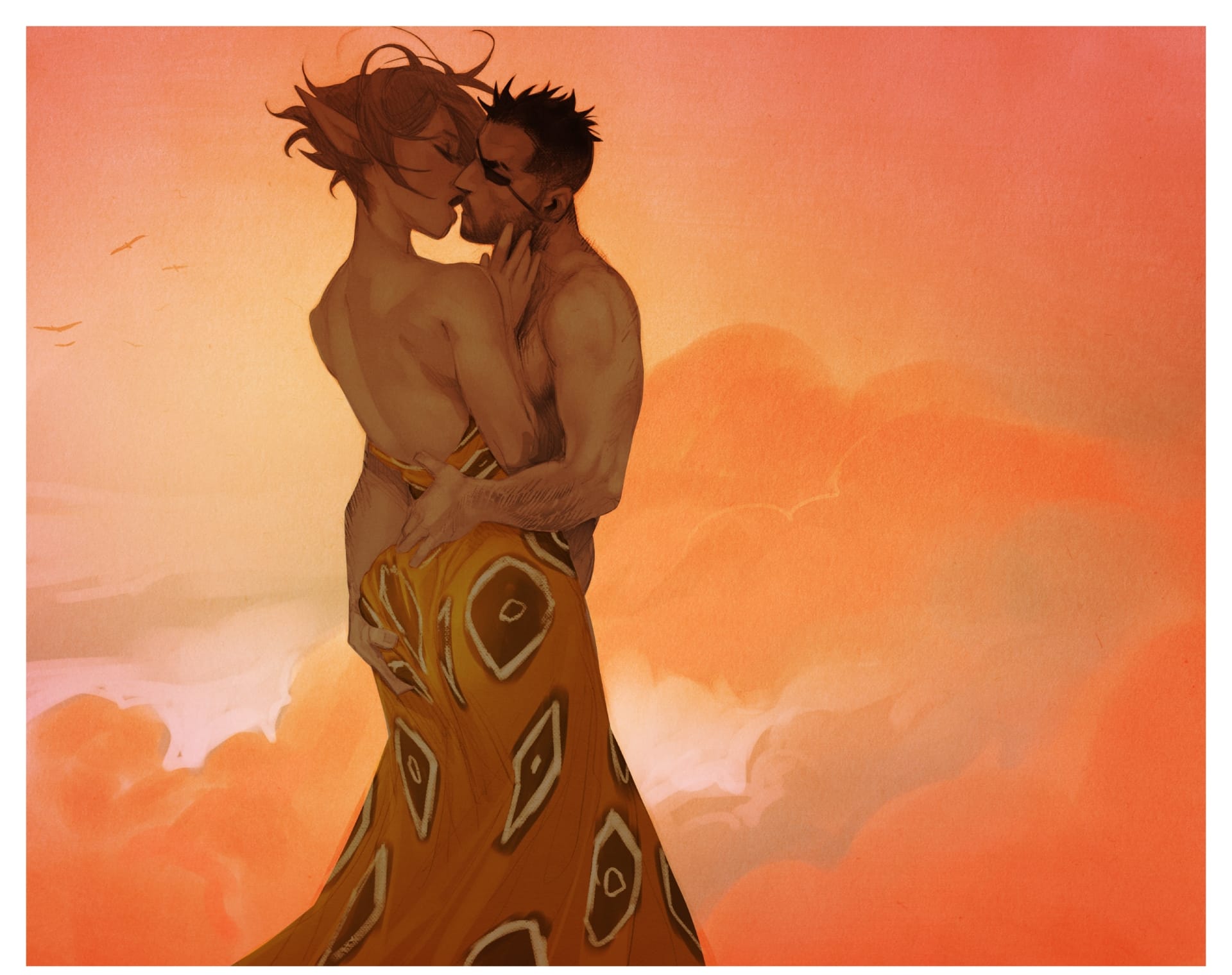 Cinder kissing in front of a sunset. 