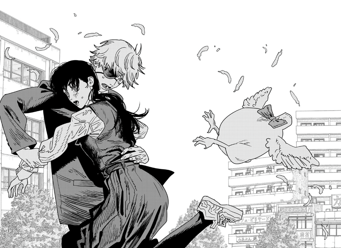 Denji saving Asa from tripping. 